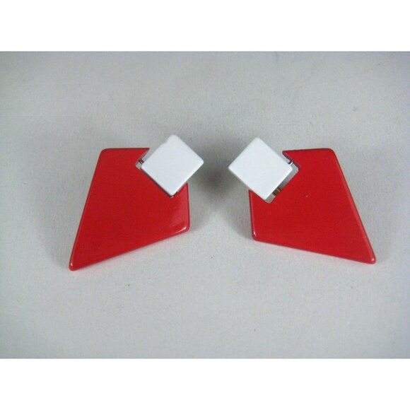 Vintage 1980s Red Geometric Earrings Triangle Clip On Art Deco Style - Picture 1 of 13